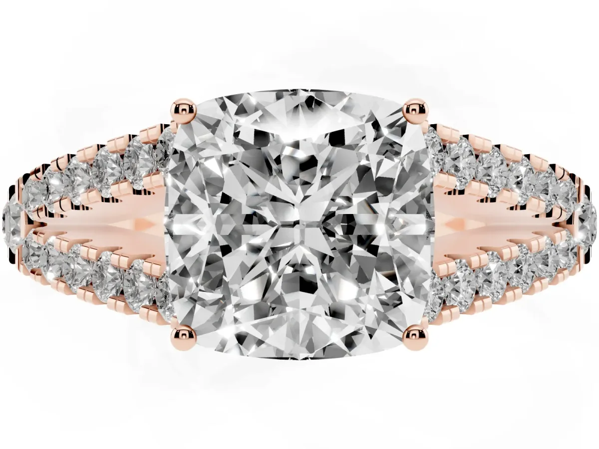 Cushion Cut Diamond Split Shank Pavé Engagement Ring with Four-Prong Setting Rose gold