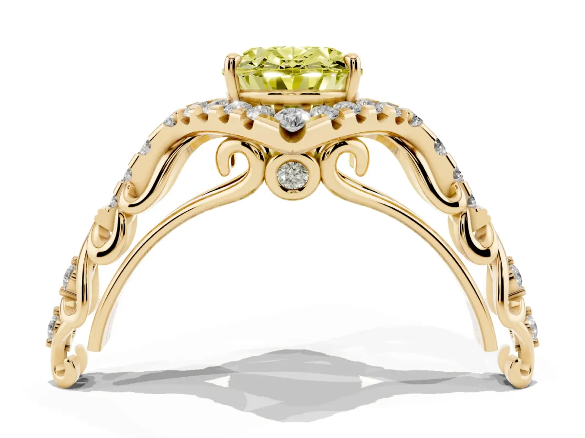 Fancy Yellow Oval Cut Diamond Solitaire Ring with Hidden Halo and Pavé Band Yellow gold
