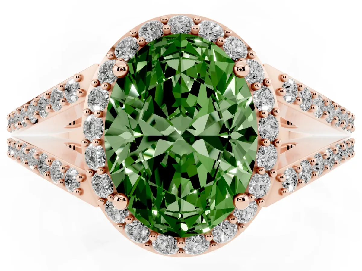 Fancy Green Oval Cut Halo Split Shank Diamond Ring with Prong Setting Rose gold