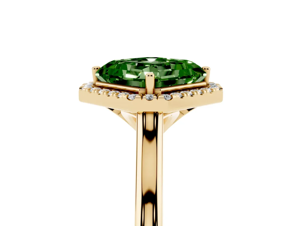 Fancy Green Asscher Cut Halo Round Diamond Solitaire Engagement Ring with Pave Band and Four-Prong Setting Yellow gold
