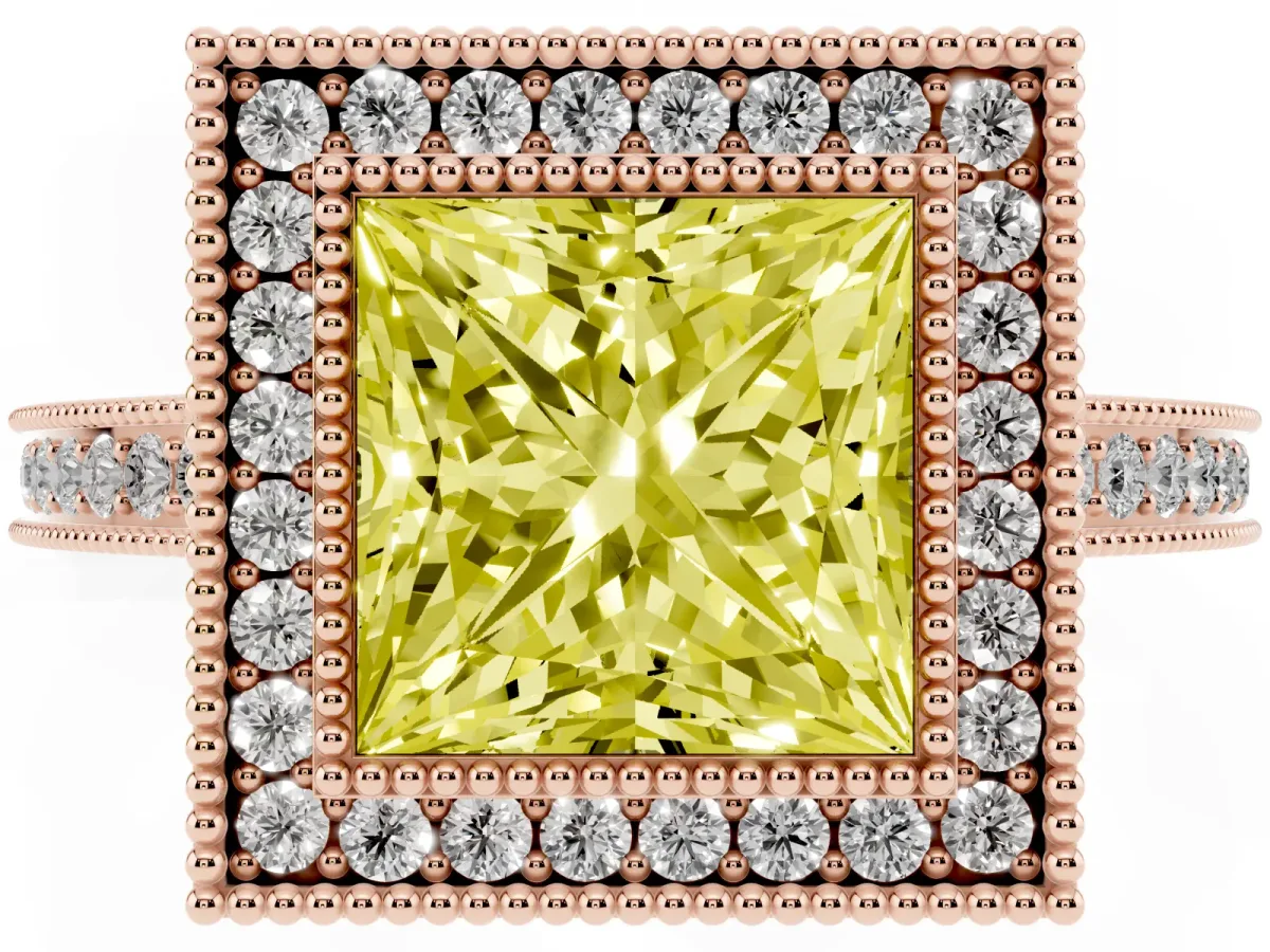 Fancy Yellow Princess Cut Cut Halo Diamond Ring with Pavé Band and Milgrain Prong Setting Rose gold