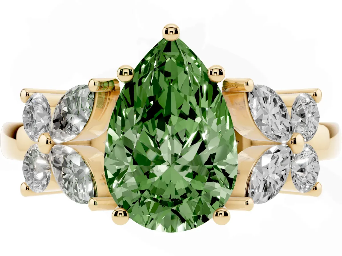 Fancy Green Pear Cut Diamond Floral Cluster Ring with Solitaire Band and Prong Setting Yellow gold