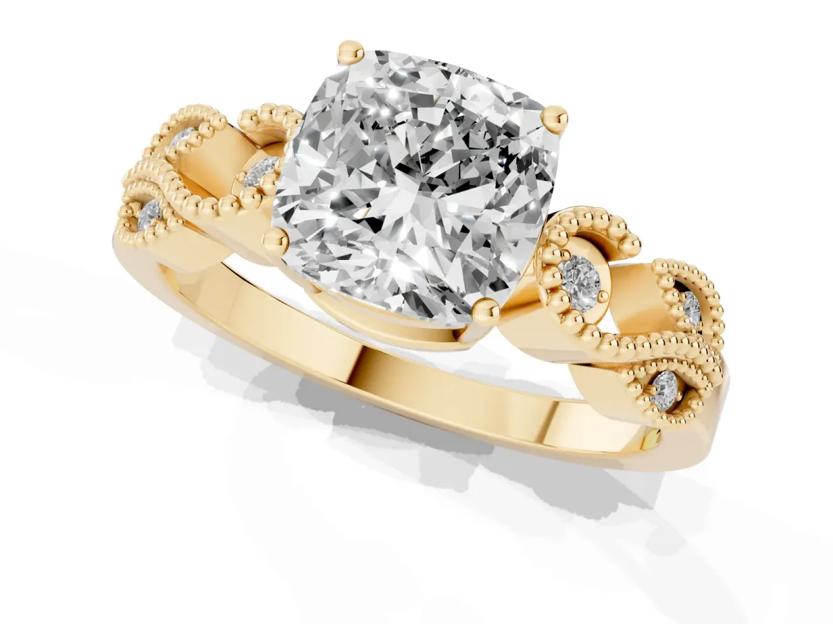 Cushion Cut Solitaire Milgrain Leaf Band with Prong Setting Yellow gold