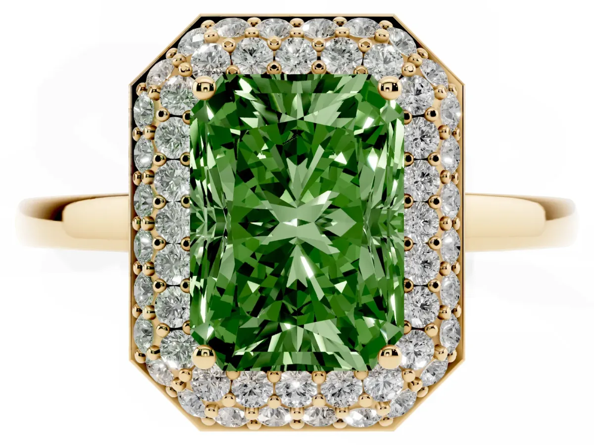 Fancy Green Radiant Cut Halo Diamond Engagement Ring with Solitaire Band and Four-Prong Setting Yellow gold