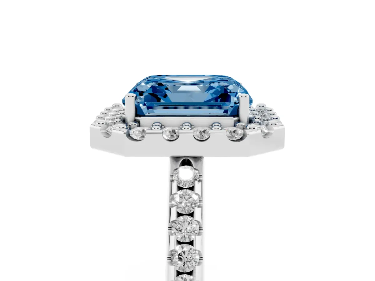 Fancy Blue Asscher Cut Diamond Pavé Halo Ring with Four-Prong Setting Platinum