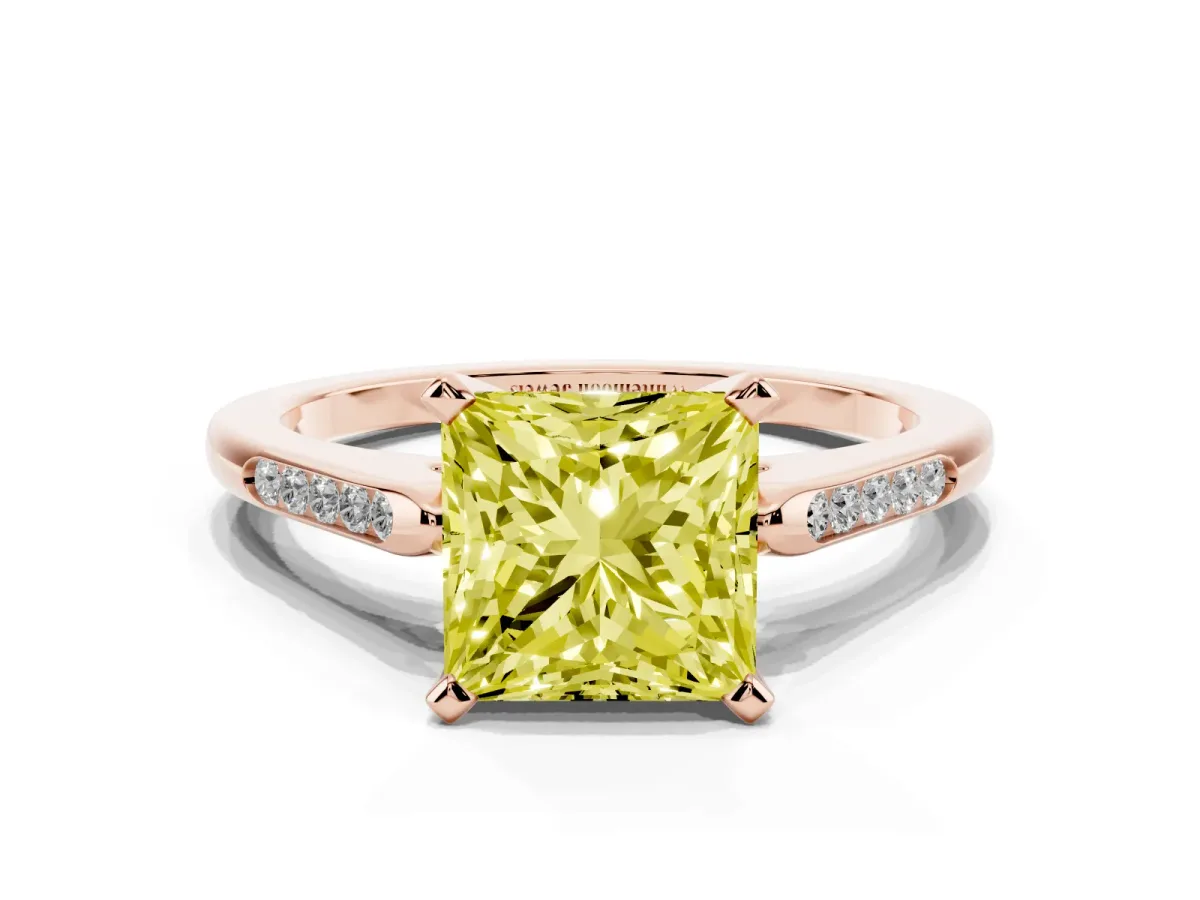 Fancy Yellow Princess Cut Diamond Solitaire Ring with Channel Set Round Band and Prong Setting Rose gold