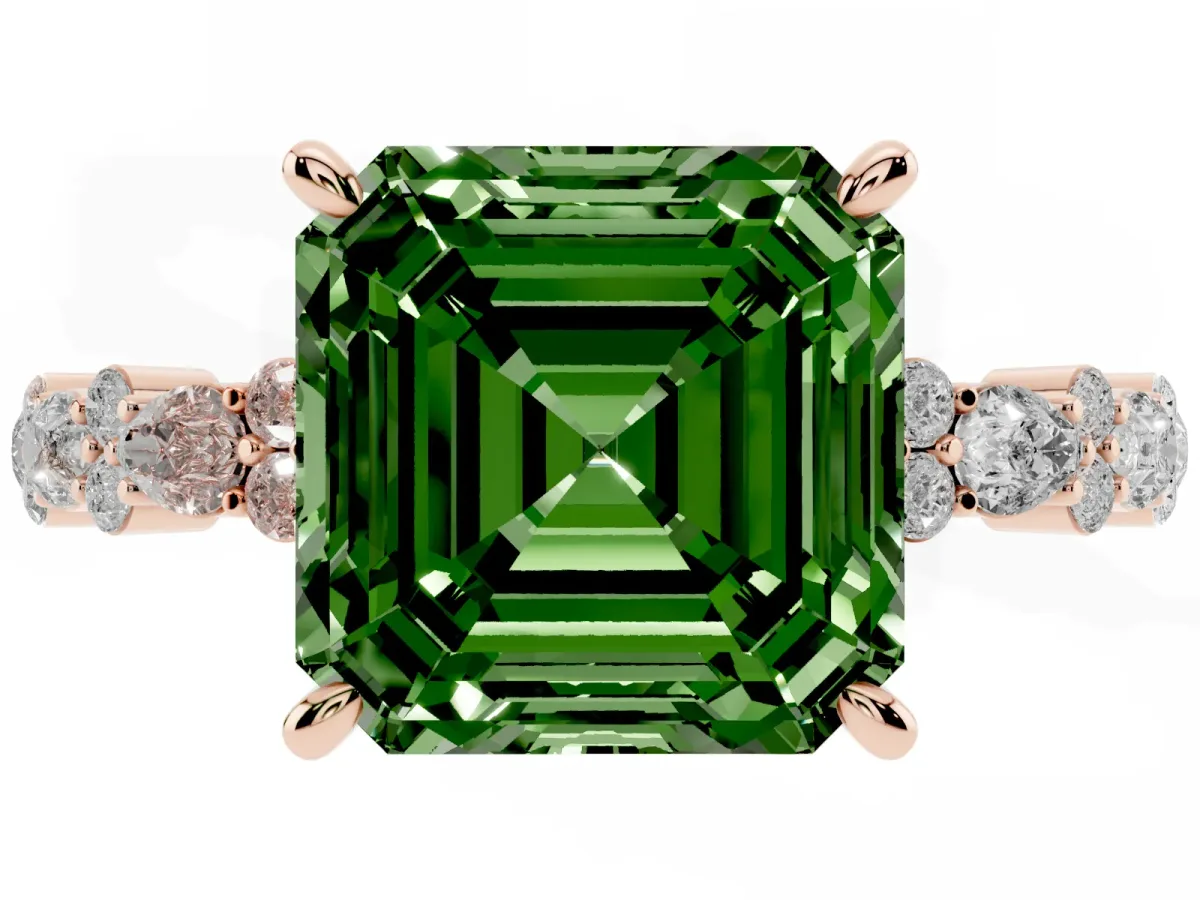 Fancy Green Asscher Cut Diamond Side Stone Solitaire Ring with Round and Four-Prong Setting Rose gold