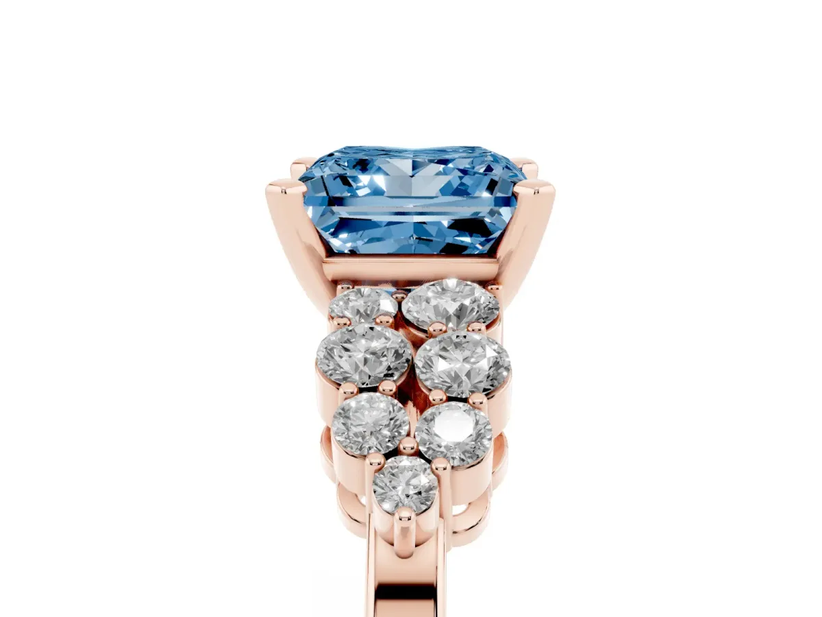 Fancy Blue Princess Cut Cluster Diamond Engagement Ring with Pavé Band and Four-Prong Setting Rose gold
