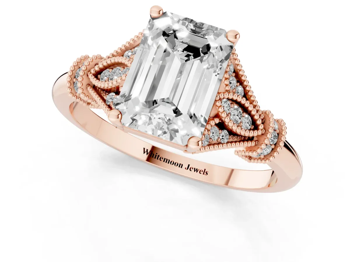 Emerald Cut Diamond Solitaire Ring with Floral Filigree and Pave Accents Rose gold