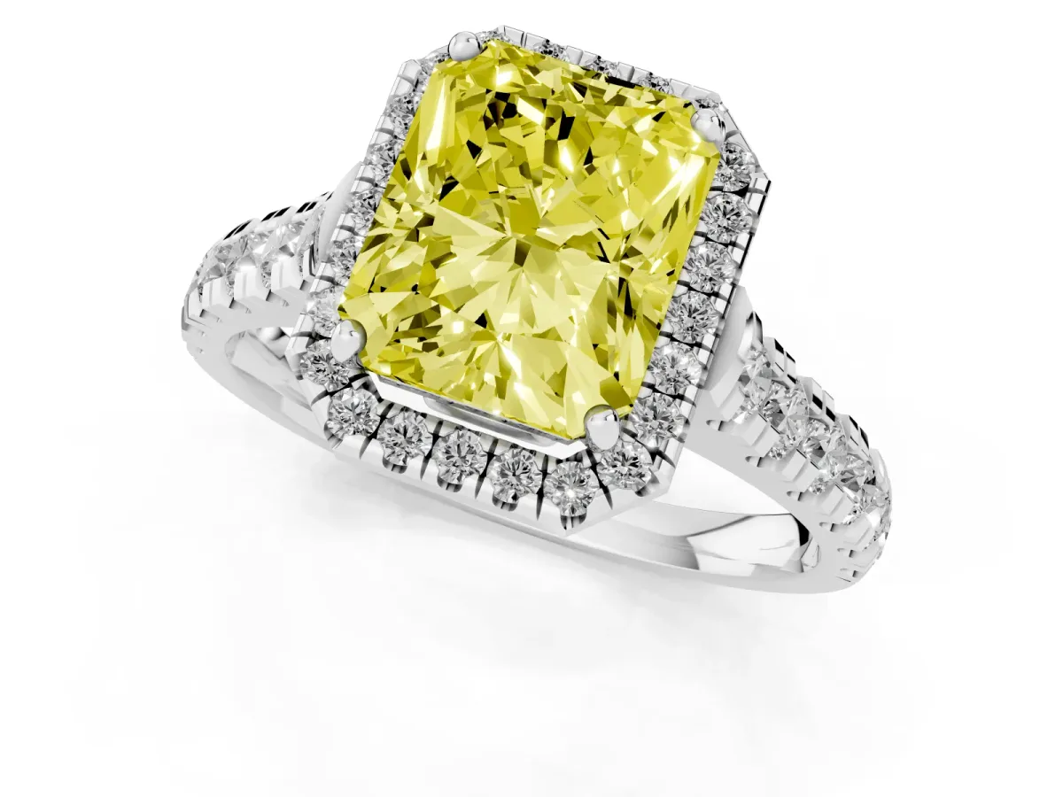 Fancy Yellow Radiant Cut Halo Pavé Diamond Engagement Ring with Four-Prong Setting Platinum