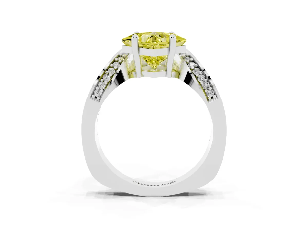 Fancy Yellow Princess Cut Solitaire Diamond Engagement Ring with Pave Band and Four-Prong Setting Silver
