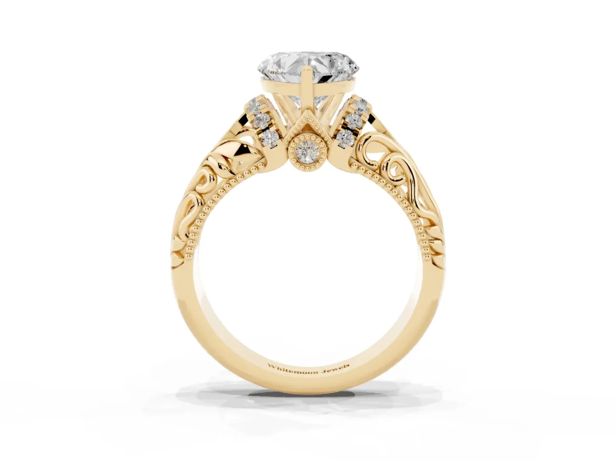 Heart Cut Solitaire Filigree Engagement Ring with Halo and Prong Setting Yellow gold