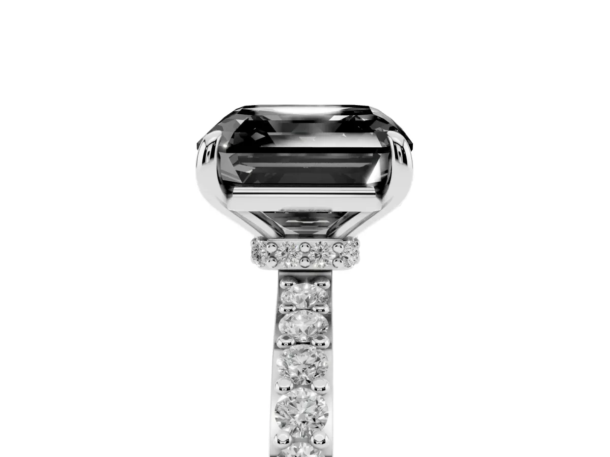 Fancy Black Asscher Cut Diamond Pavé Engagement Ring with Round Accents and Prong Setting Silver
