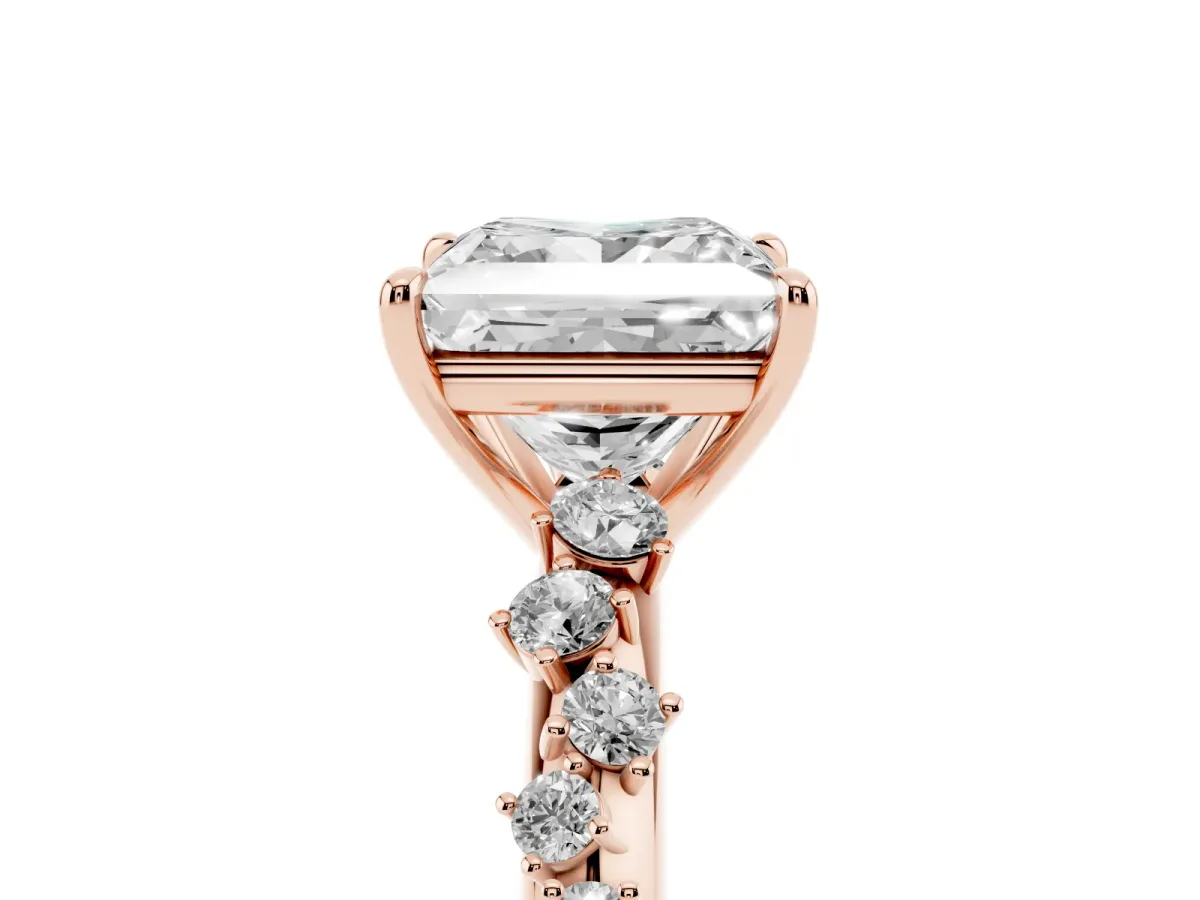 Princess Cut Diamond Cluster Side Stone Solitaire Ring with Prong Setting Rose gold