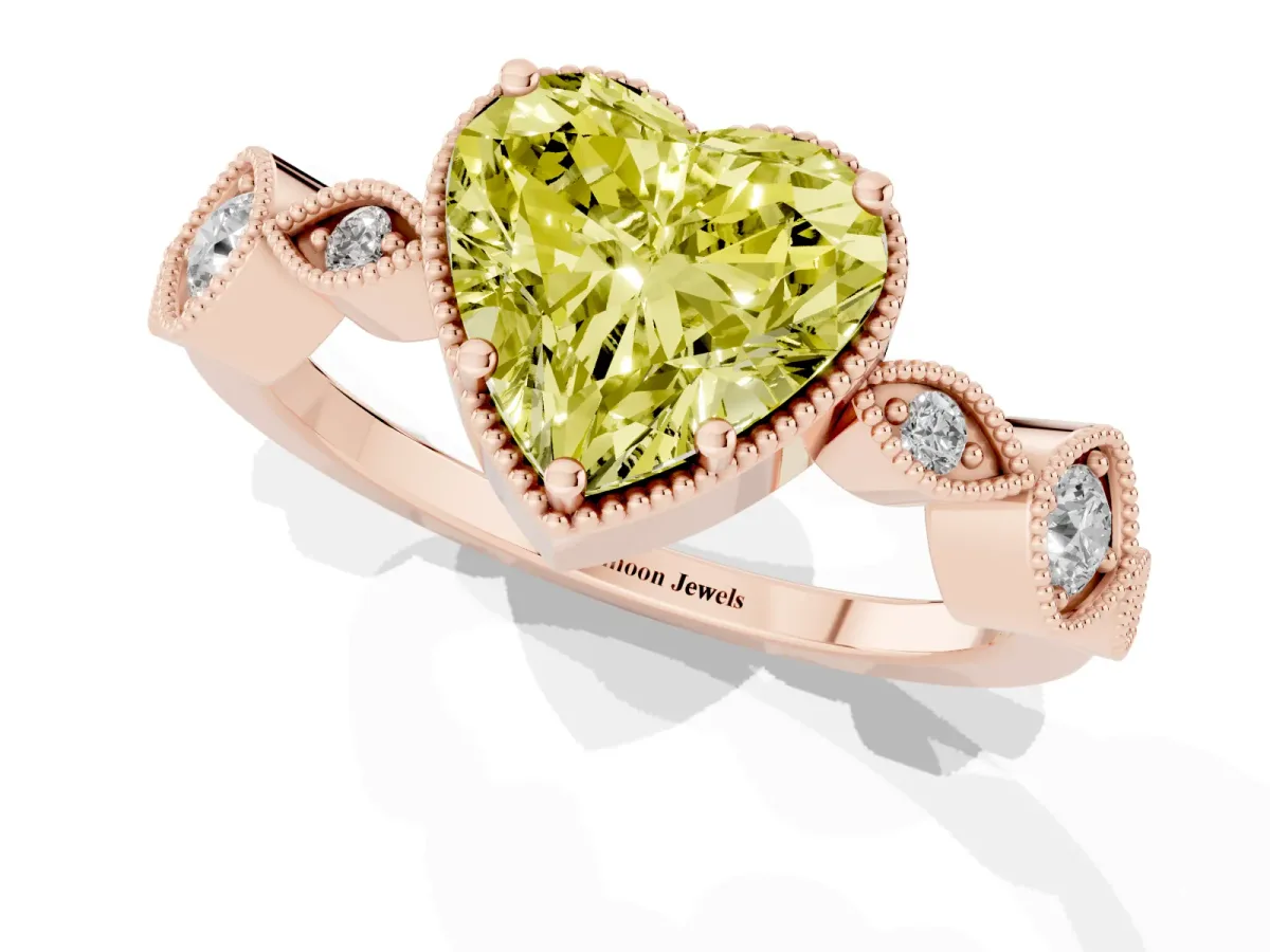 Fancy Yellow Heart Cut Diamond Vintage Milgrain Ring with Round Stations Rose gold