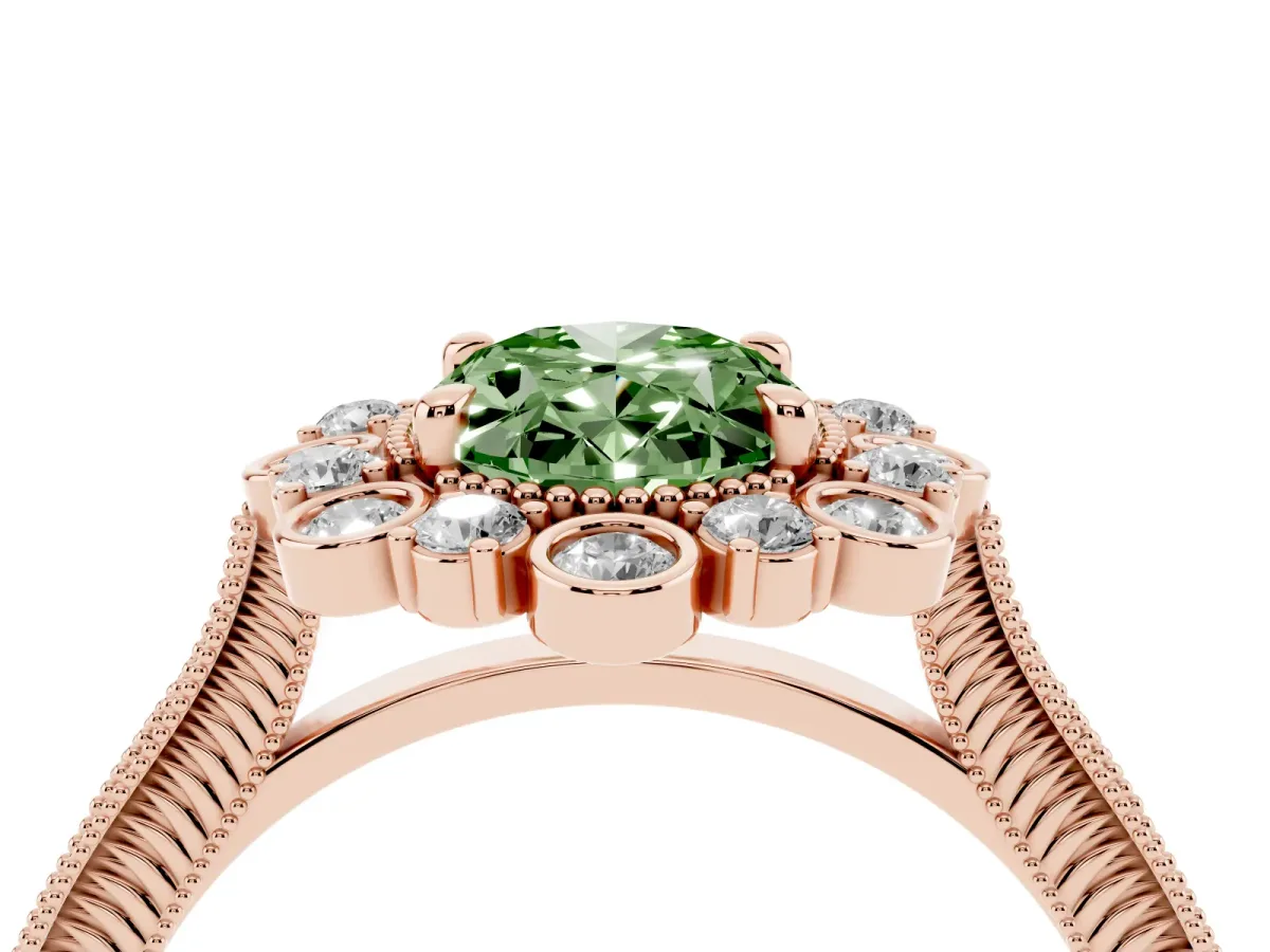 Fancy Green Oval Cut Halo Milgrain Pave Diamond Ring with Four-Prong Setting Rose gold