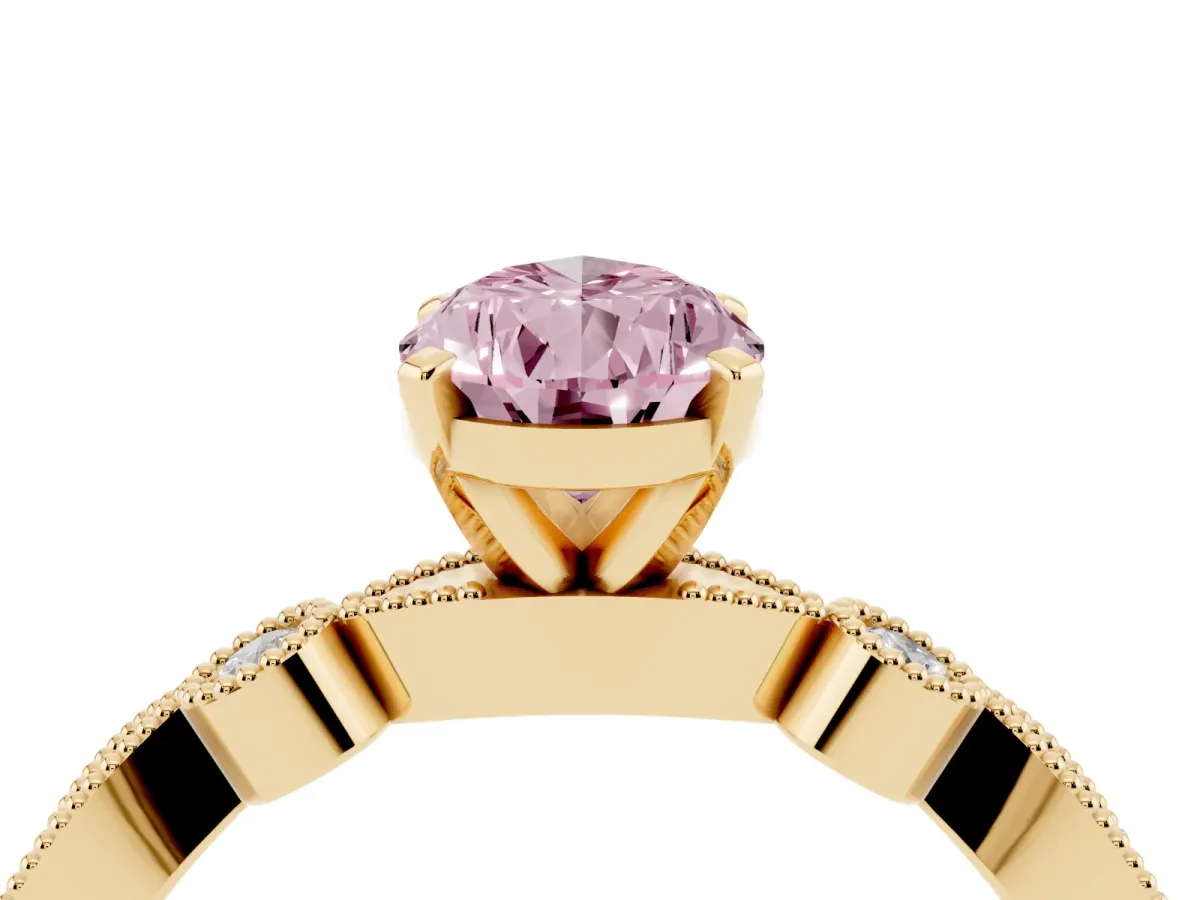 Fancy Pink Pear Cut Milgrain Bezel Diamond Engagement Ring with Solitaire Prong Setting Yellow gold