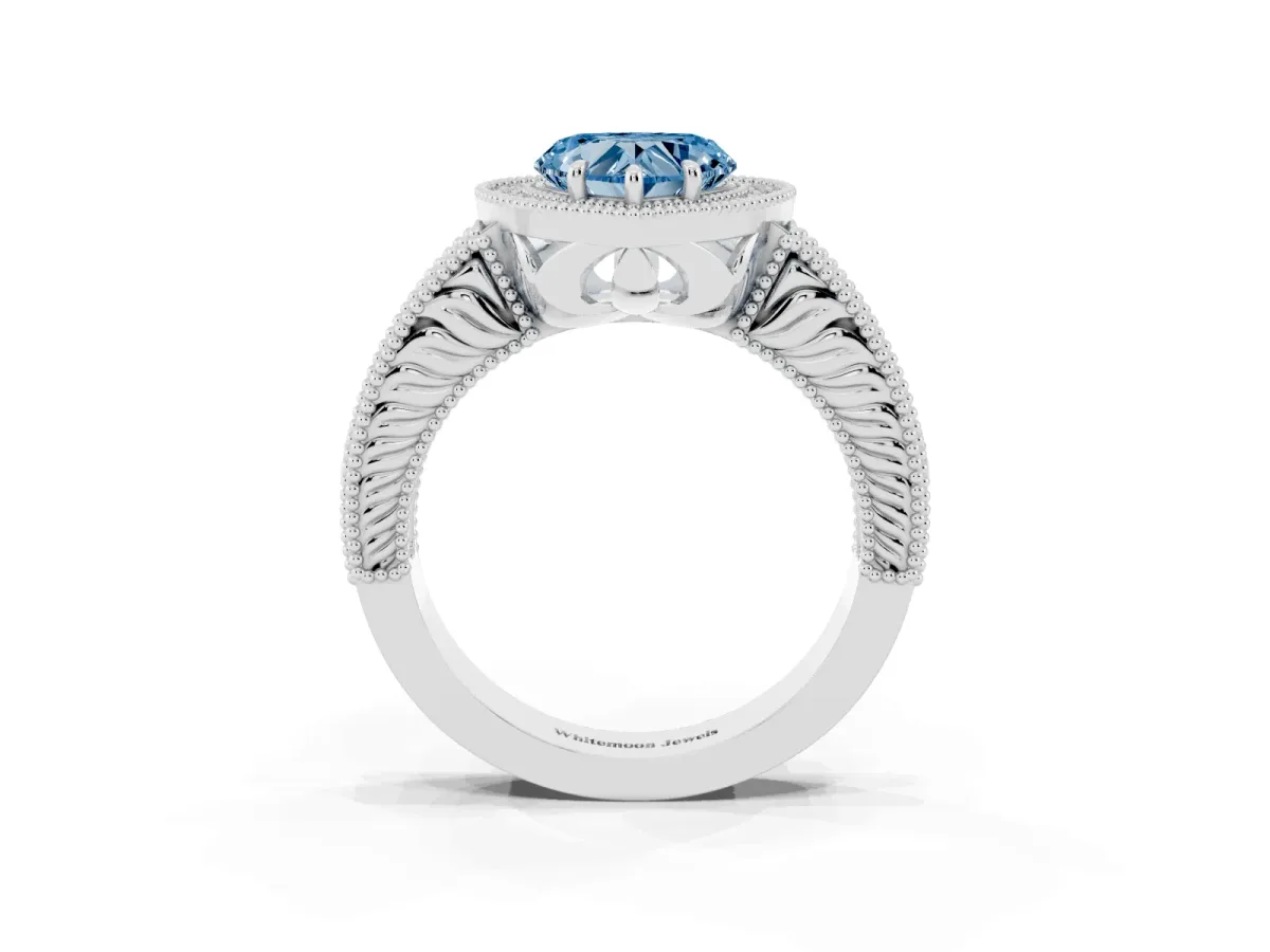 Fancy Blue Heart Cut Cut Halo Diamond Ring with Pavé Band and Four-Prong Setting Silver