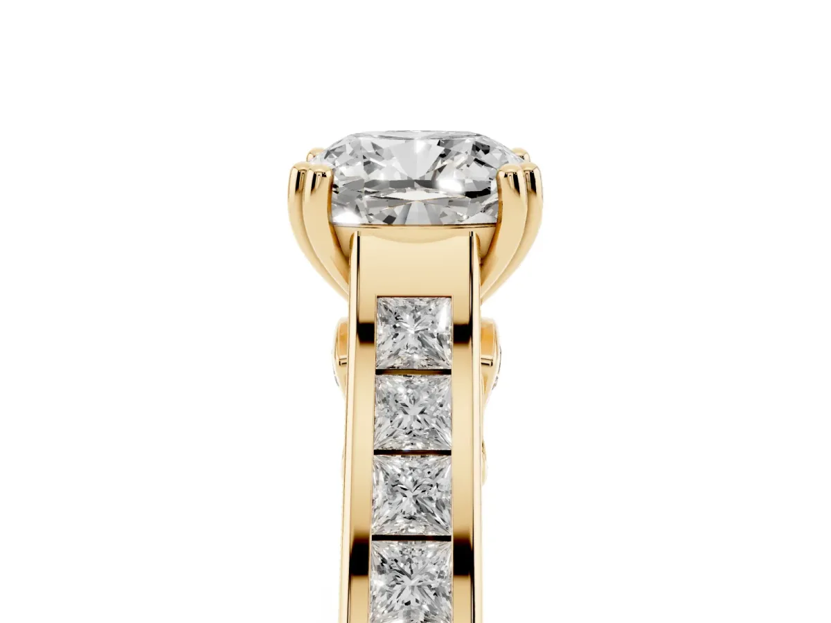 Cushion Cut Cut Channel Set Solitaire Engagement Ring with Prong Setting Yellow gold