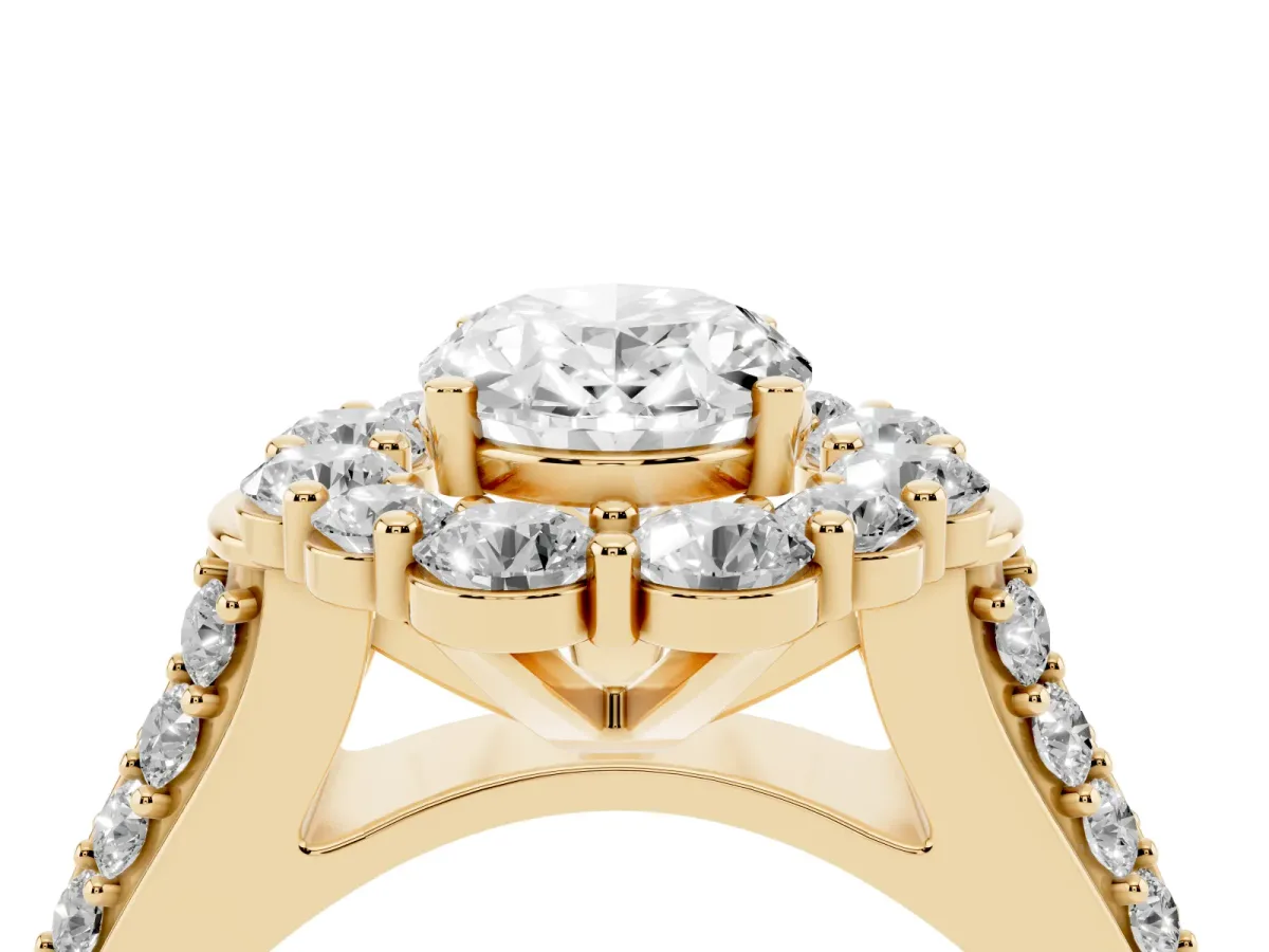 Oval Cut Halo Diamond Engagement Ring with Split Shank and Prong Setting Yellow gold