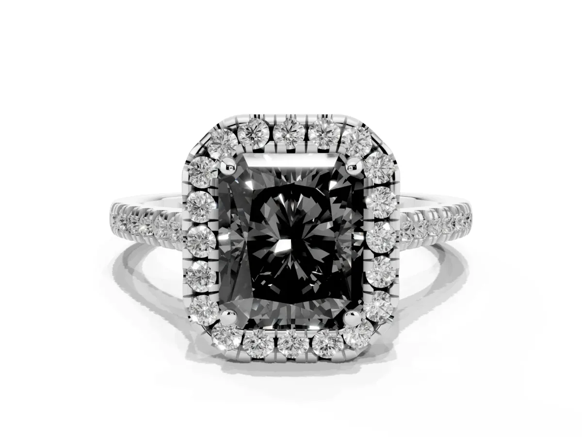 Fancy Black Radiant Cut Diamond Cushion Halo Ring with Pavé Band Silver