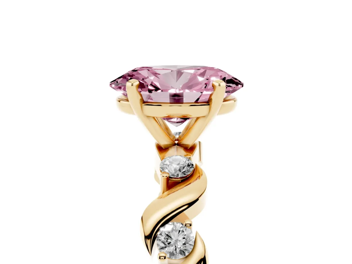 Fancy Pink Oval Cut Diamond Solitaire Twisted Band with Round Accents and Prong Setting Yellow gold