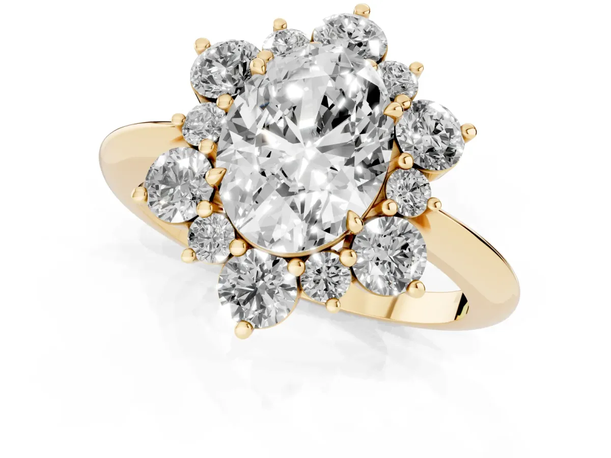 Oval Cut Diamond Cluster Halo Ring with Solitaire Band and Four-Prong Setting Yellow gold