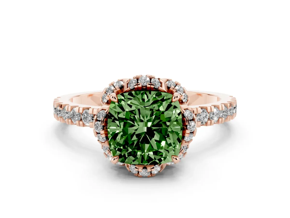 Fancy Green Cushion Cut Halo Diamond Pave Band Ring with Four-Prong Setting Rose gold
