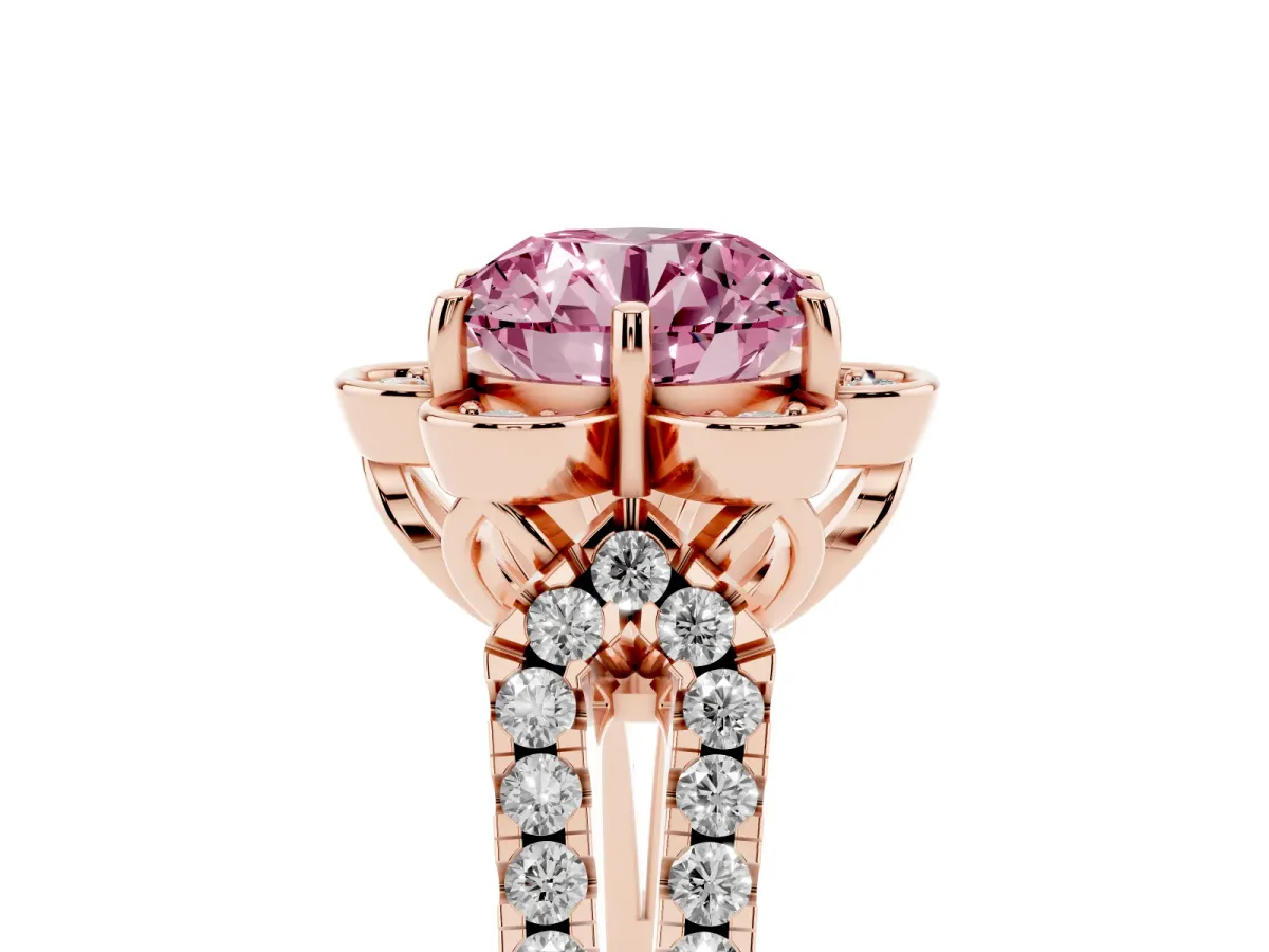 Fancy Pink Round Cut Halo Diamond Floral Split Shank Engagement Ring Rose gold