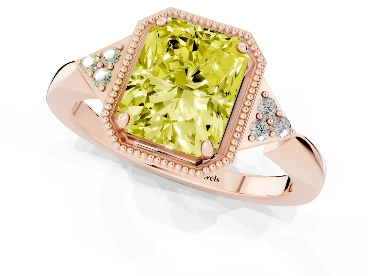 Fancy Yellow Radiant Cut Diamond Halo Ring with Tapered Band and Four-Prong Setting Rose gold