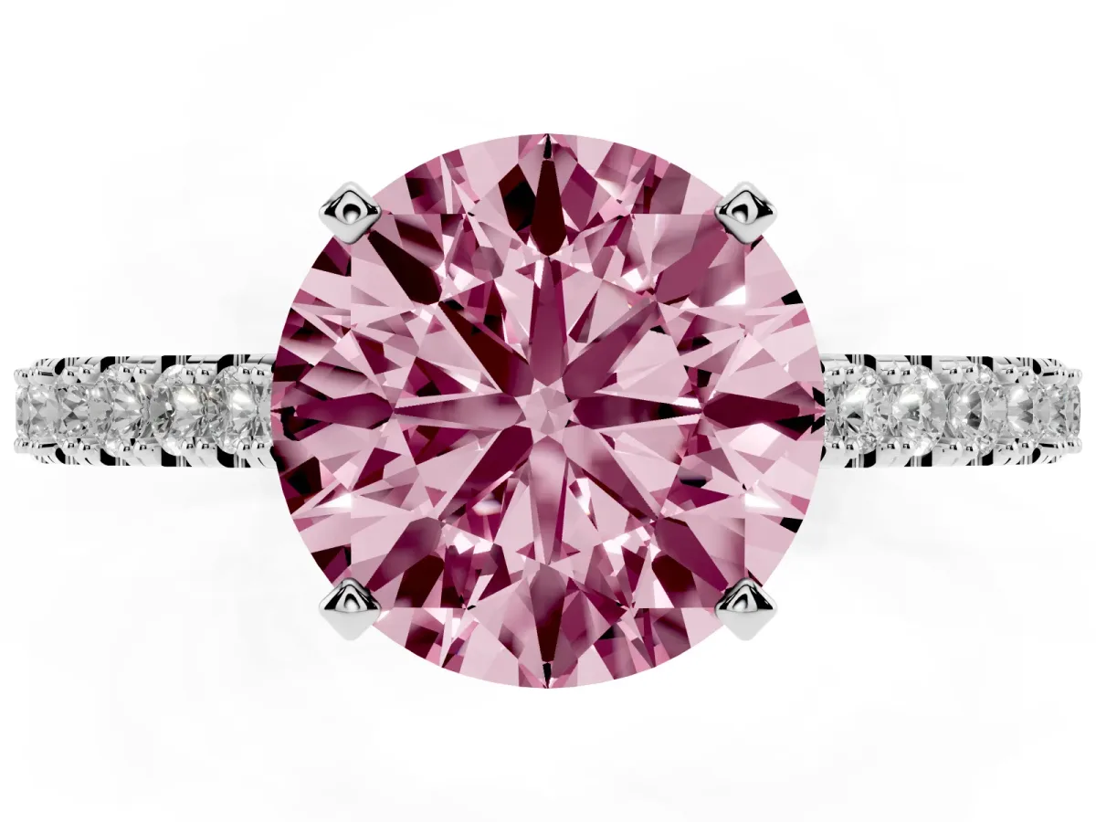 Fancy Pink Round Cut Cut Solitaire Diamond Engagement Ring with Pave Band and Four-Prong Setting White gold