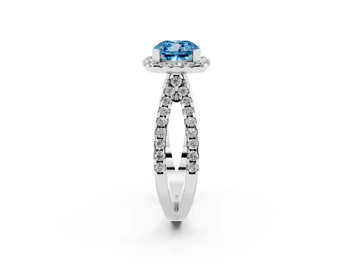 Fancy Blue Cushion Cut Diamond Halo Ring with Split Shank Pavé Band and Prong Setting Silver