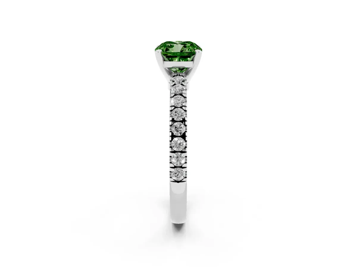 Fancy Green Cushion Cut Solitaire Diamond with Pavé Band and Four-Prong Setting Silver
