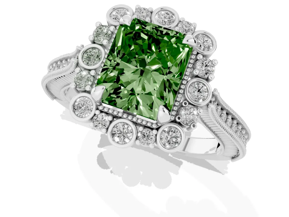 Fancy Green Radiant Cut Halo Milgrain Pave Diamond Ring with Four-Prong Setting Silver