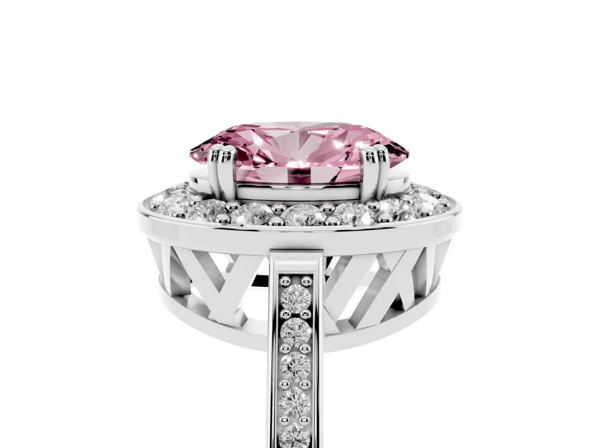 Fancy Pink Oval Cut Diamond Halo Ring with Split Shank and Four-Prong Setting Platinum