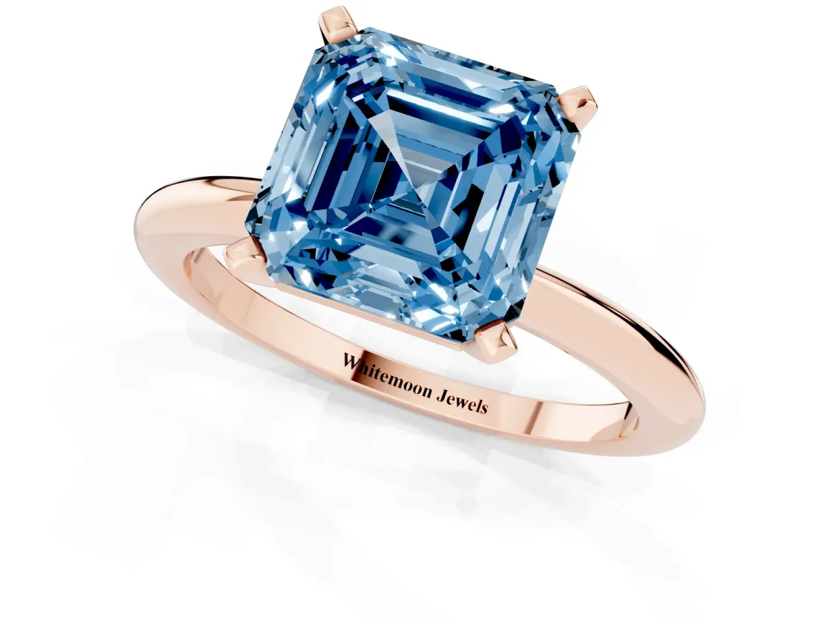 Fancy Blue Asscher Cut Diamond Solitaire Ring with Prong Setting and Classic Band Rose gold