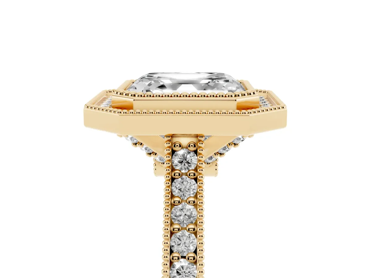 Halo Asscher Cut-Cut Diamond Pave Band Milgrain Prong Setting Ring Yellow gold