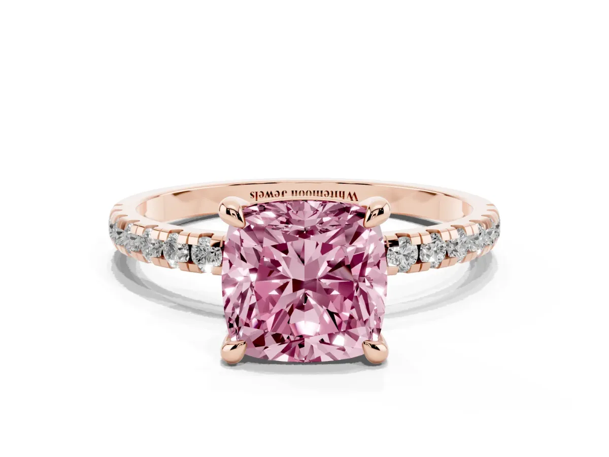 Fancy Pink Cushion Cut Diamond Brilliant Solitaire Ring with Pavé Band and Four-Prong Setting Rose gold