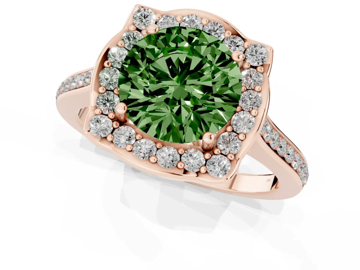 Fancy Green Round Cut Halo Round Diamond Pave Band with Four-Prong Setting Rose gold