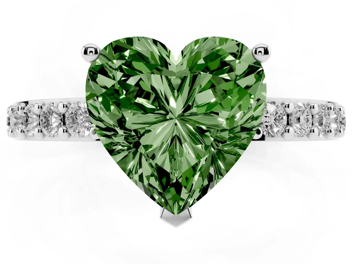 Fancy Green Heart Cut Cut Diamond Solitaire with Pave Band and Four-Prong Setting Silver