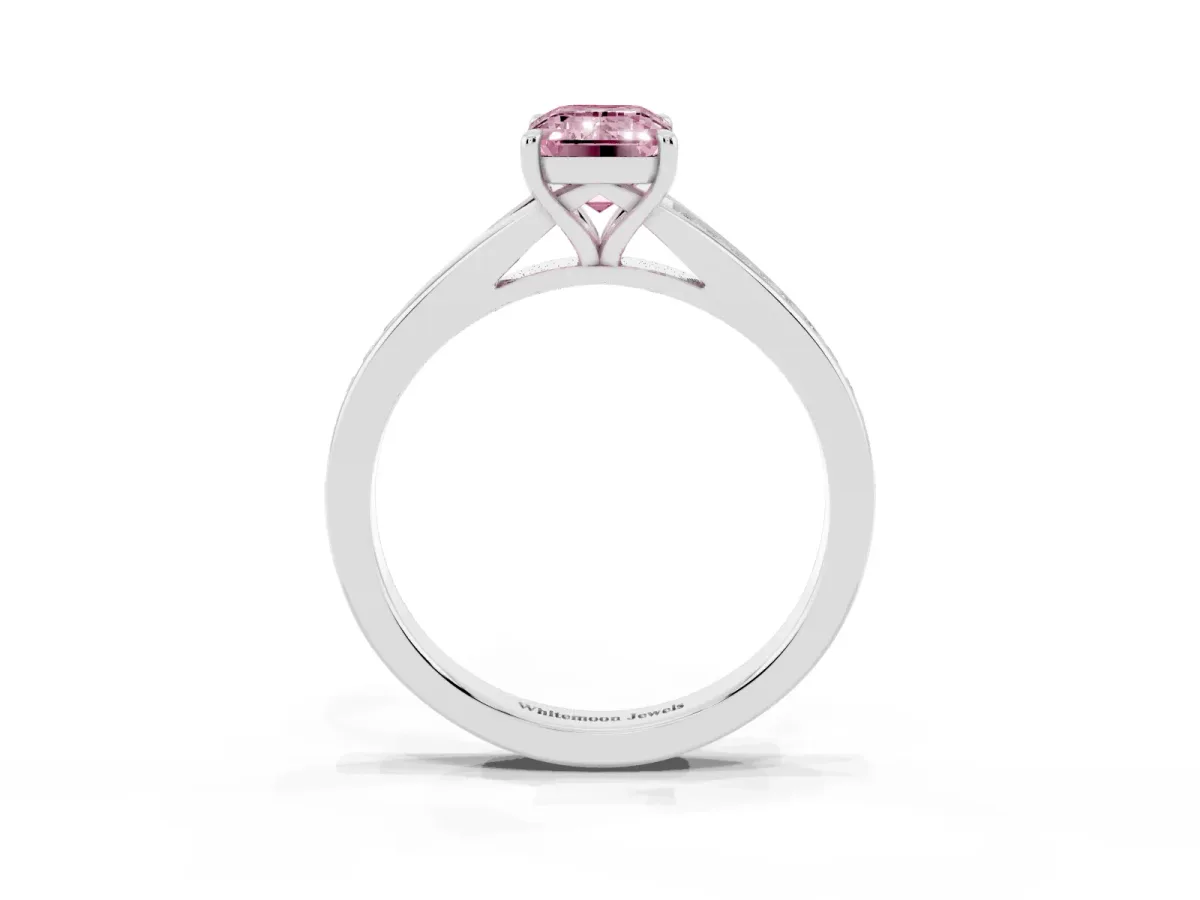 Fancy Pink Emerald Cut Diamond Solitaire Ring with Pavé Band and Prong Setting Silver