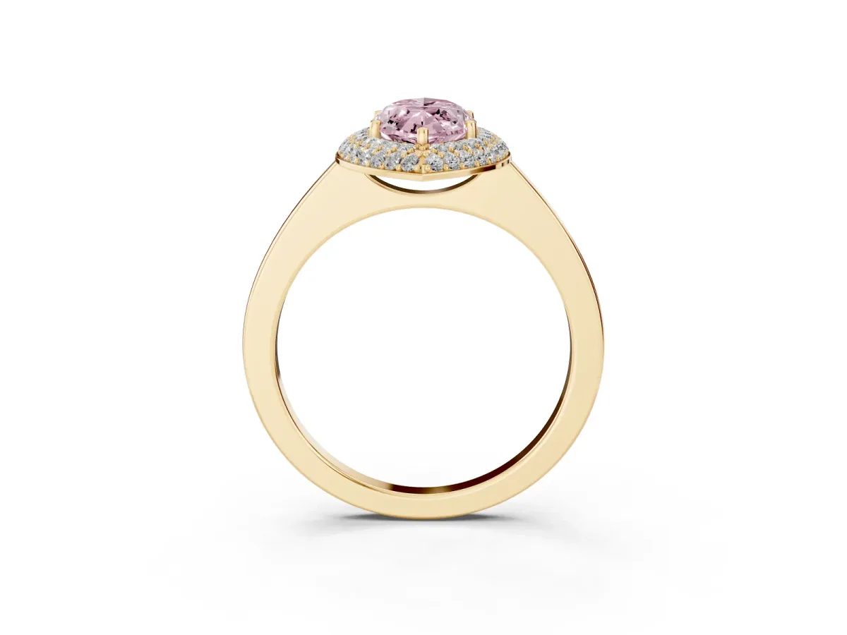 Fancy Pink Marquise Cut Halo Diamond Engagement Ring with Solitaire Band and Four-Prong Setting Yellow gold
