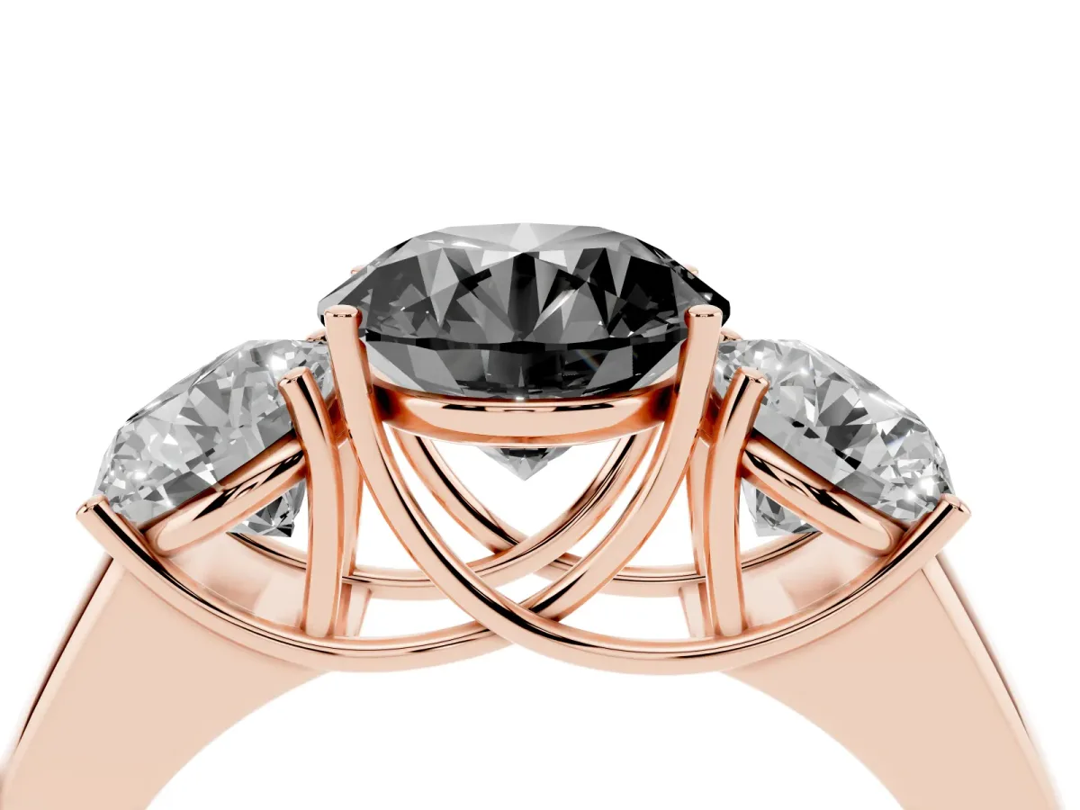 Fancy Black Three-Stone Round Cut Cut Diamond Ring with Prong Setting and Classic Band Rose gold