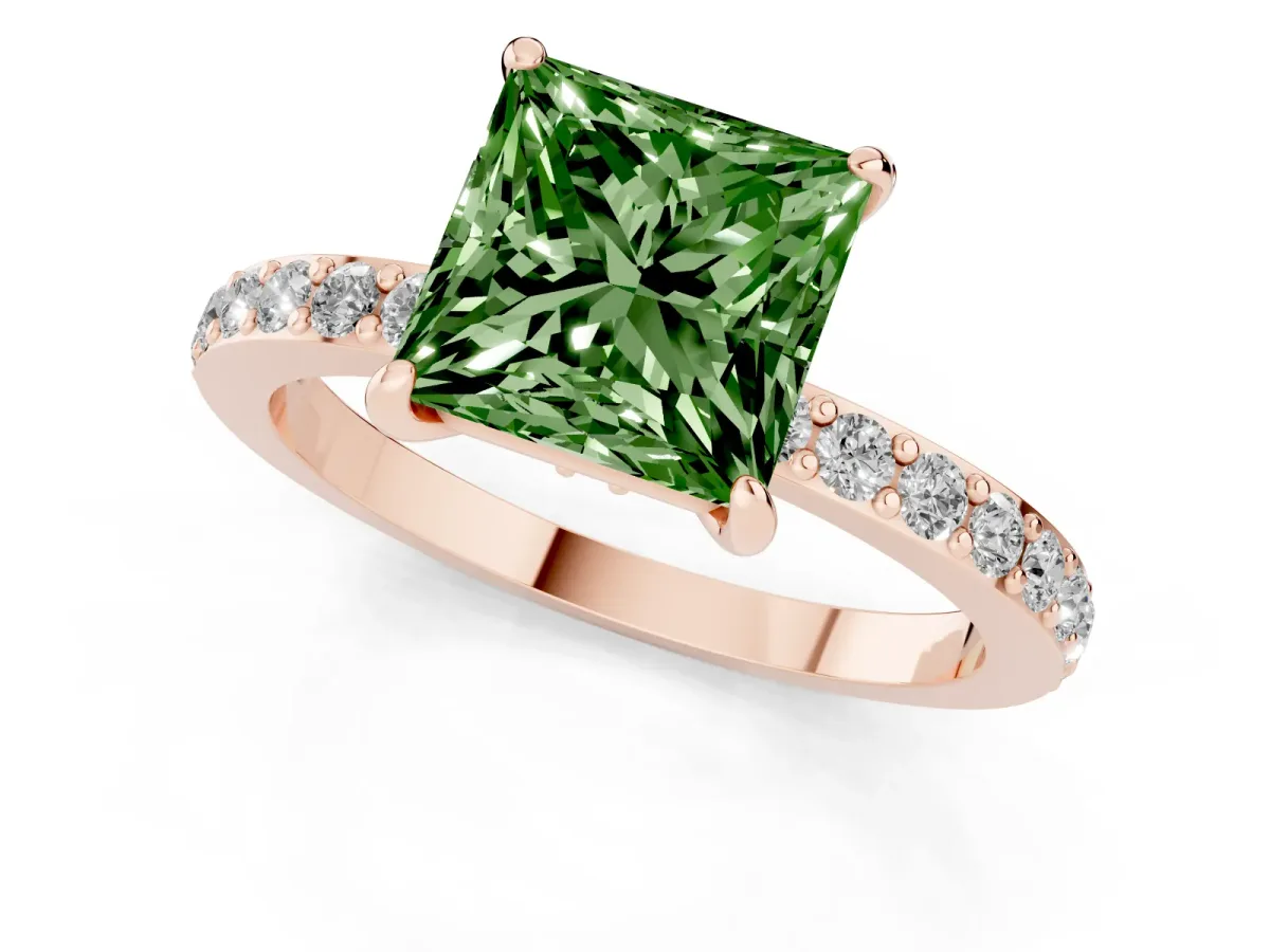 Fancy Green Princess Cut Diamond Solitaire Engagement Ring with Pavé Band and Four-Prong Setting Rose gold