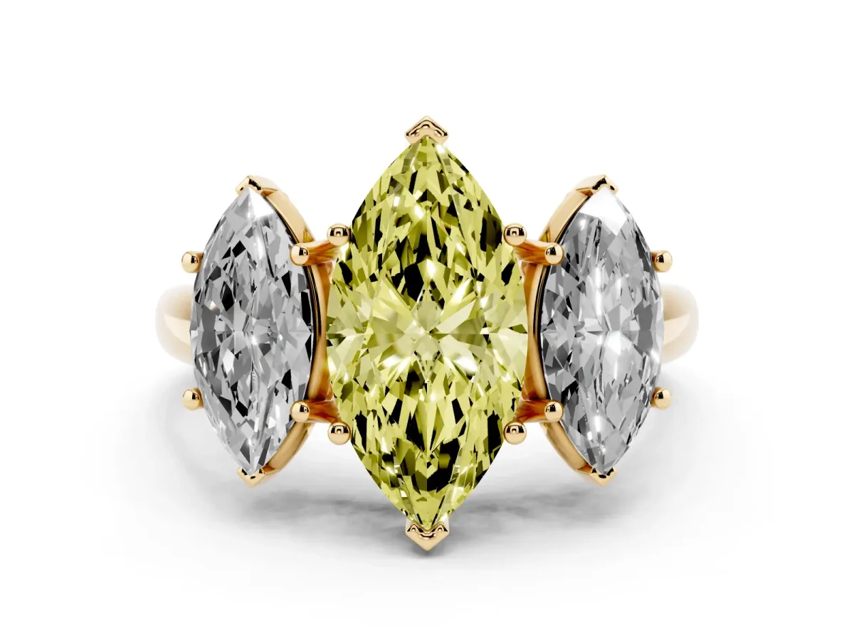 Fancy Yellow Three-Stone Marquise Cut Diamond Engagement Ring with Prong Setting Yellow gold