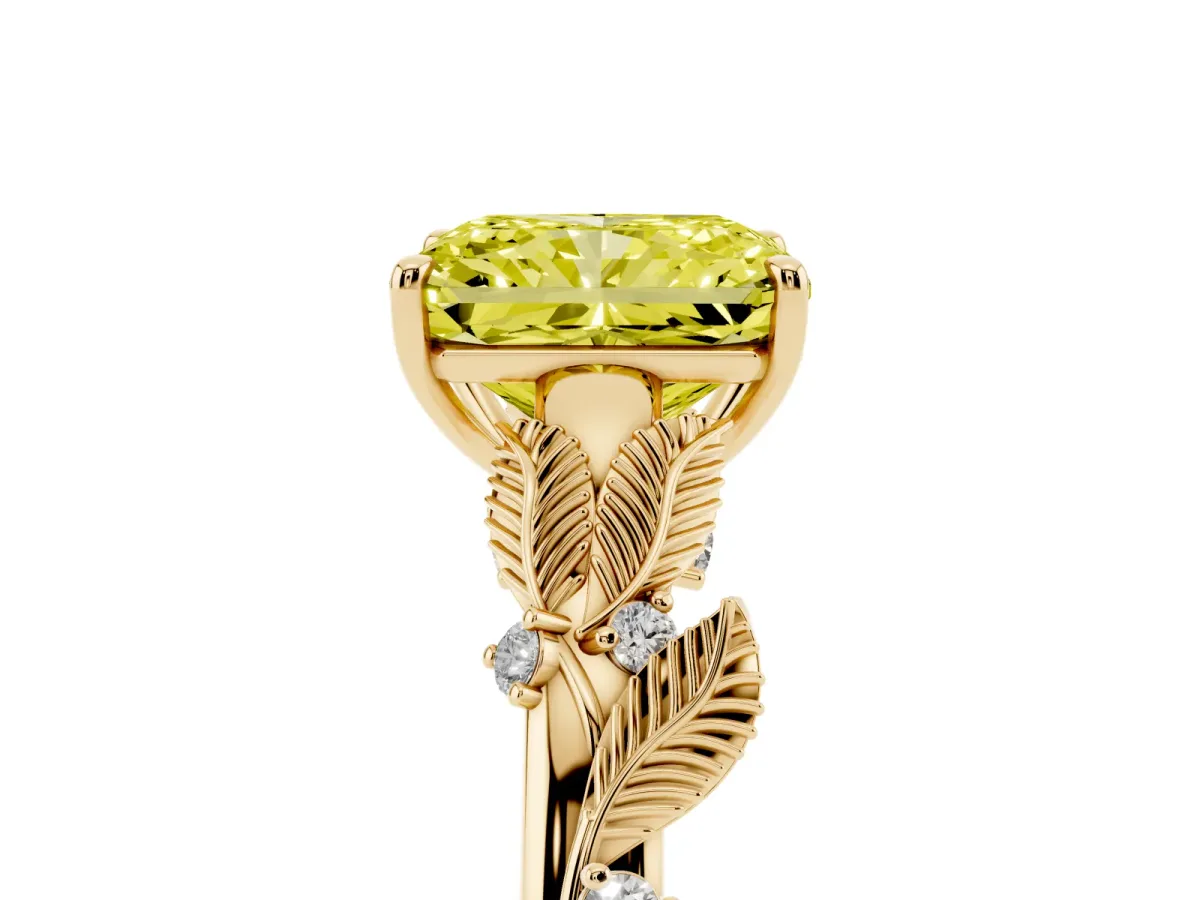 Fancy Yellow Radiant Cut Diamond Solitaire Ring with Leaf Motif Band and Four-Prong Setting Yellow gold