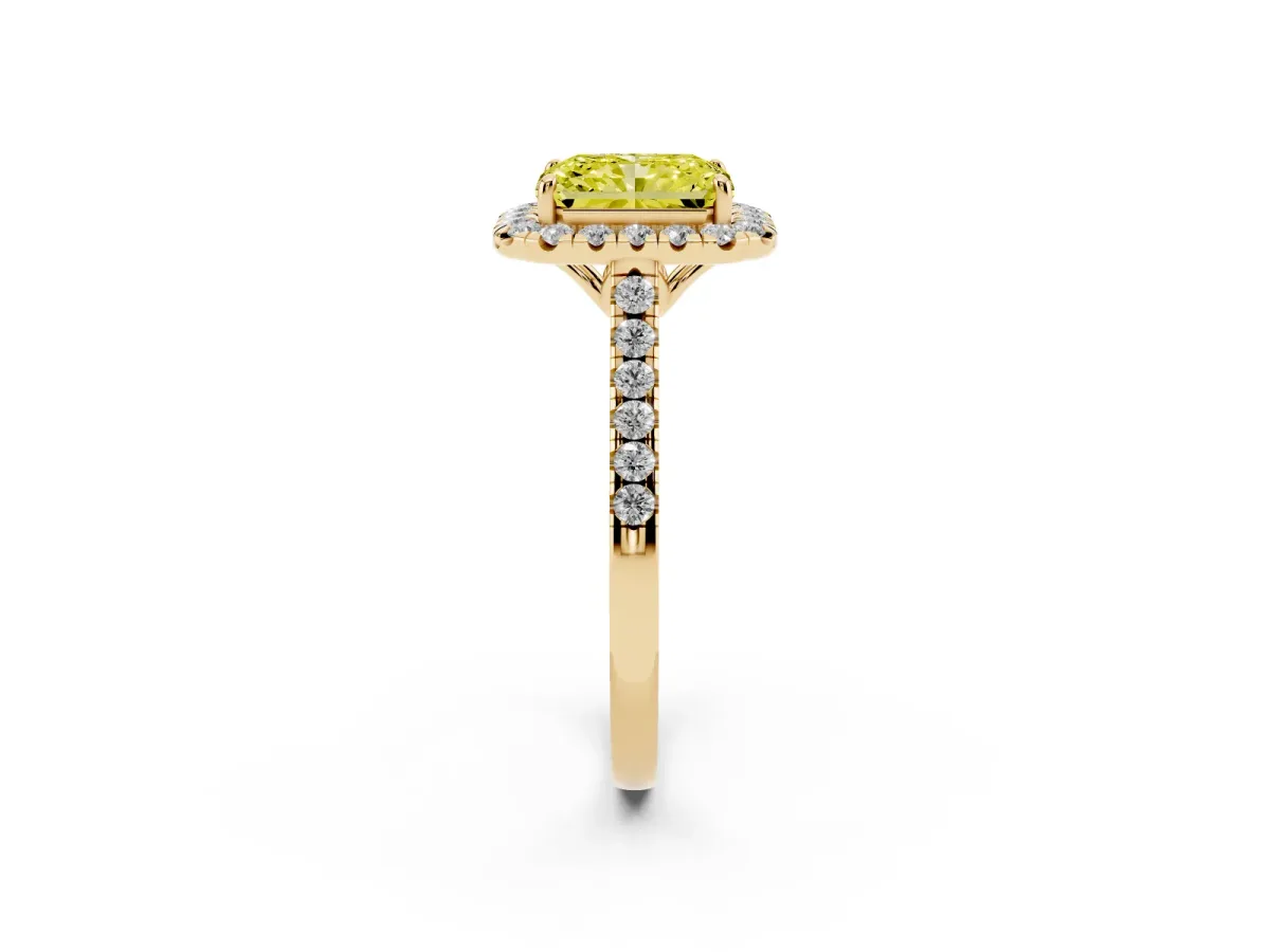 Fancy Yellow Radiant Cut Halo Pavé Diamond Engagement Ring with Four-Prong Setting Yellow gold