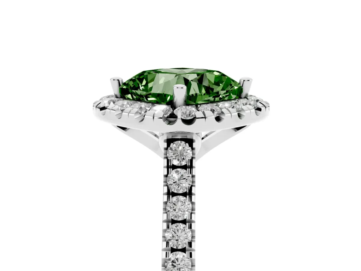 Fancy Green Cushion Cut Diamond Cushion Halo Ring with Pavé Band Silver