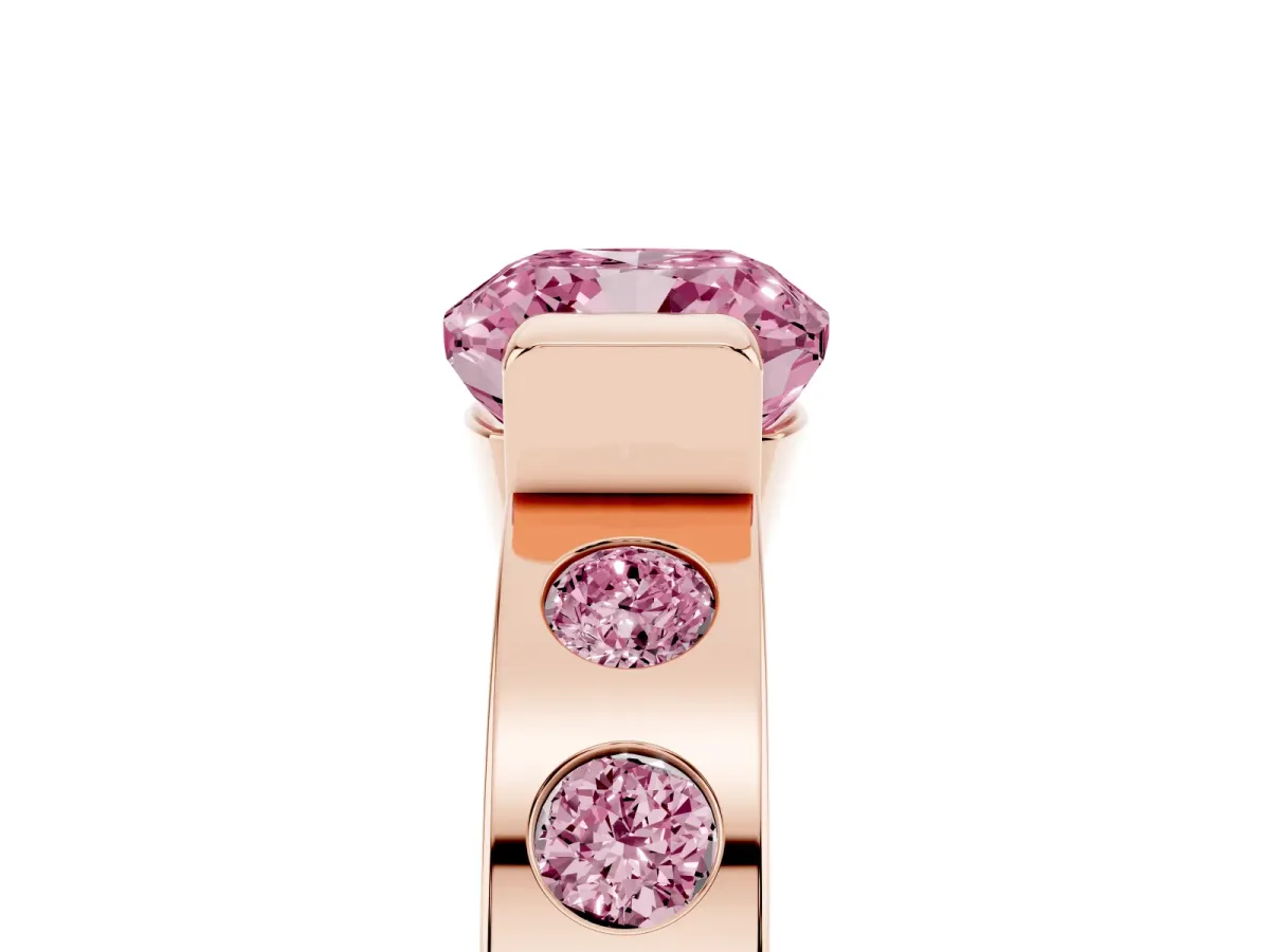 Fancy Pink Cushion Cut Brilliant Channel-Set Diamond Ring with Bezel Prong Setting Rose gold