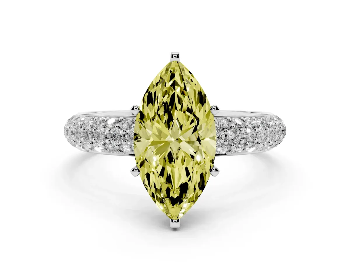 Fancy Yellow Marquise Cut Diamond Solitaire Ring with Prong Setting and Pavé Band Silver